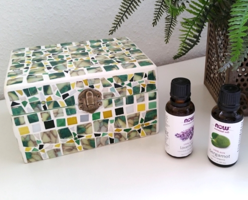 green white mosaic box for essential oils