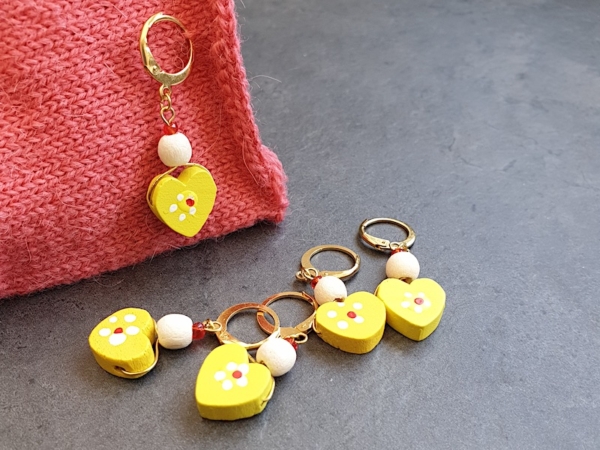 Set of stitch markers, yellow wood beads