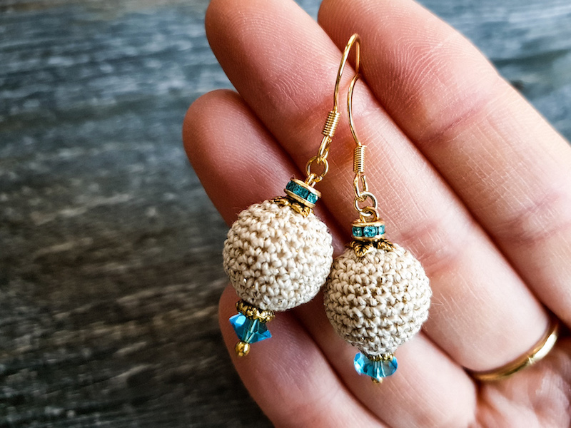 Crocheted earrings with blue crystal rhinestones